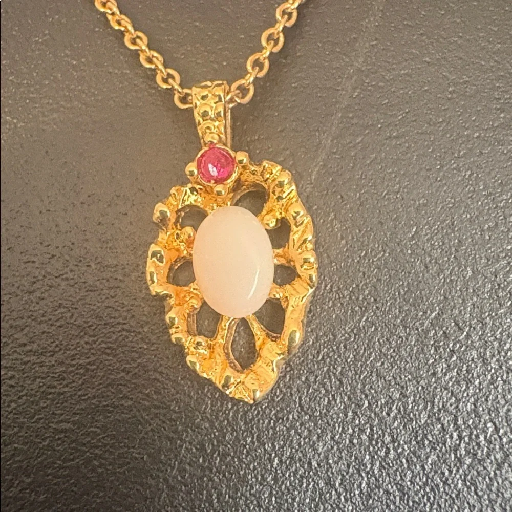 Gold Color Metal Pendant and Thin Chain Necklace Faux Opal and Ruby Pendant